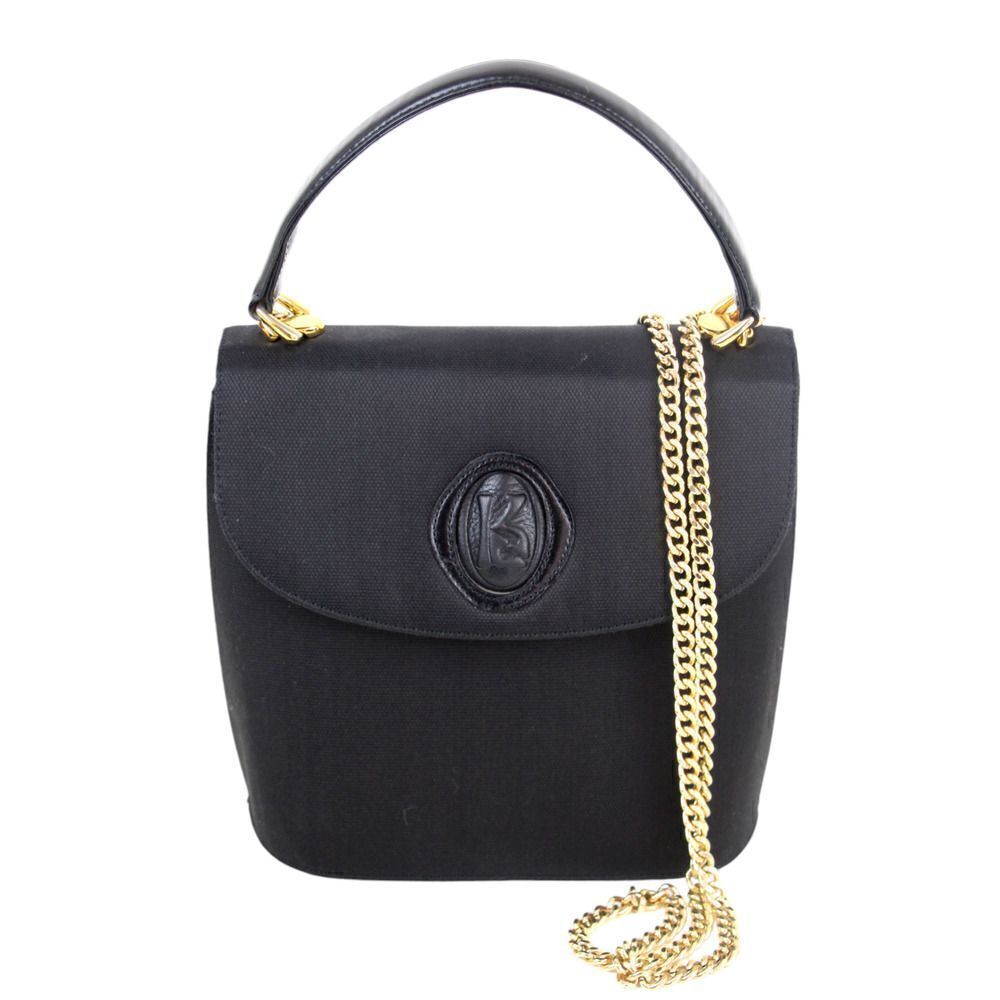 VINTAGE BLACK CANVAS LEATHER TRIM FLAP CHAIN X-BODY SHOULDER BAG HANDBAG PURSE